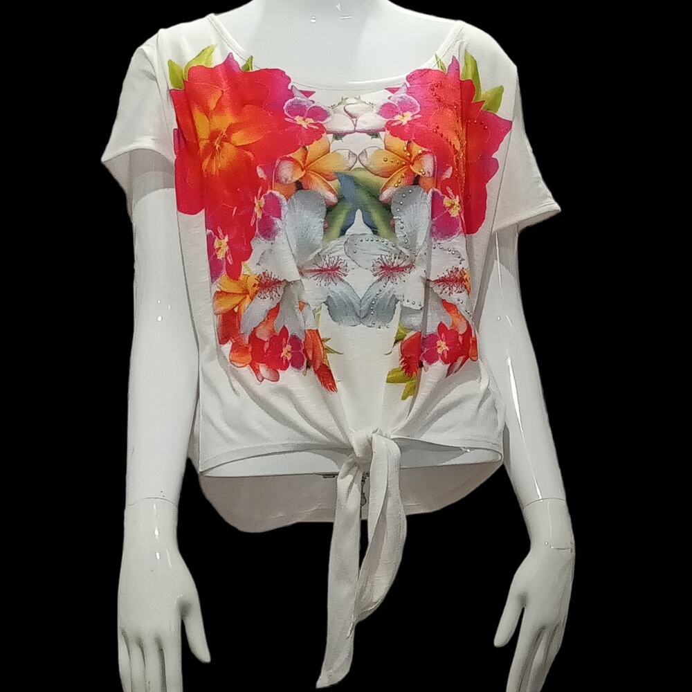 JOEI & I Embellished Tie Front Crop Tee Size MEDIUM